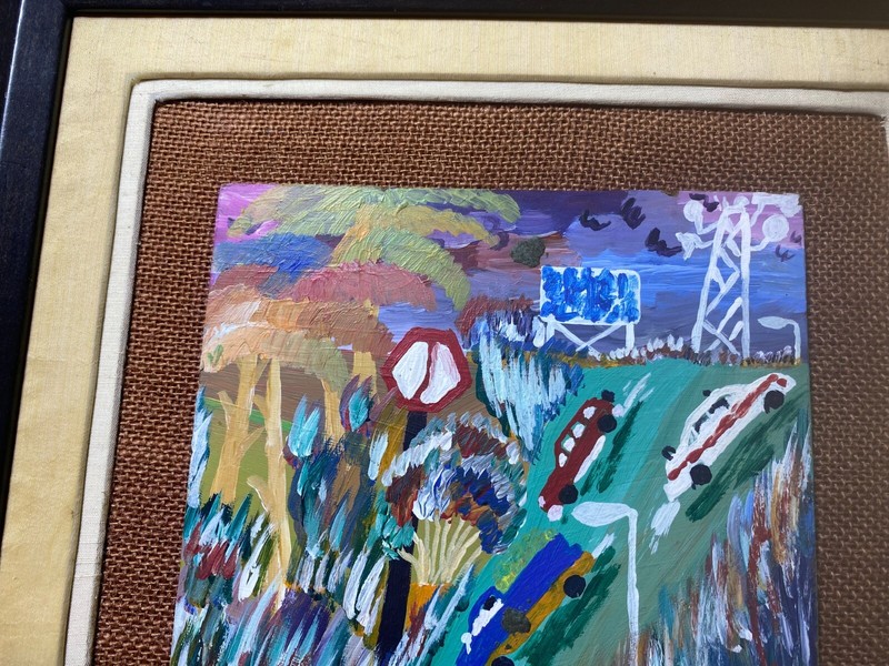 Moses Atwell Outsider Art "Cars In Landscape Scene" Oil Painting - Signed/Framed gallery
