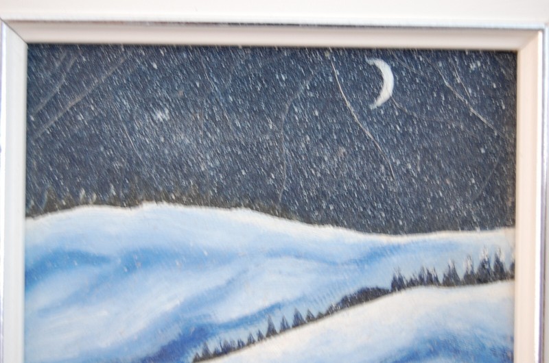 VTG FRAMED ORIGINAL FOLK ART STYLE OIL WINTER NIGHT COUNTRY SCENE ARTIST: ANDREE gallery