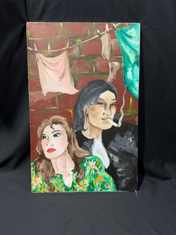 Vintage Style Folk Art Double Portrait Painting, 18×28 Brick Background