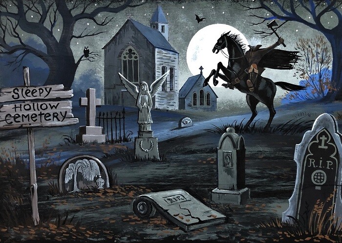 5×7 PRINT OF PAINTING RYTA HALLOWEEN SLEEPY HOLLOW HEADLESS HORSEMAN folk art 🎃