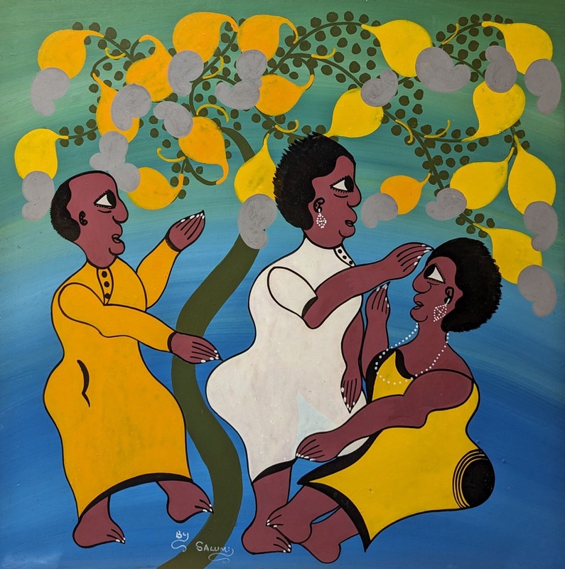 SALUM’s THREE BENEATH A TREE Classic Tingatinga on board 2’x2′