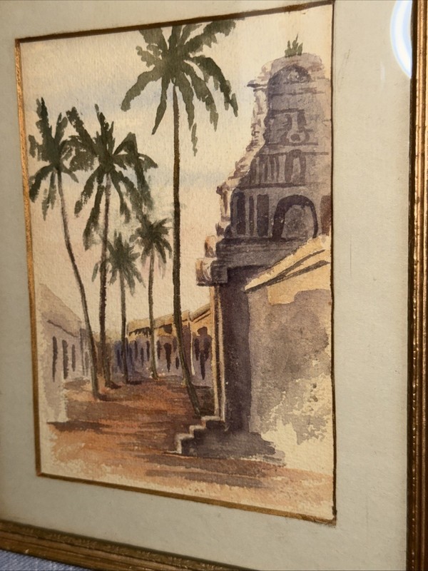 Original Art Watercolor Painting India Hindu Temple Scene Palm Tree Lined Street gallery