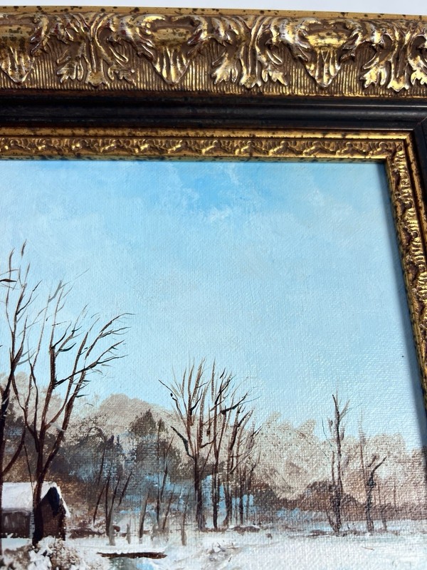 VTG ORIGINAL OIL ON CANVAS WINTER SCENE PAINTING SIGNED FRAMED 12x14” gallery