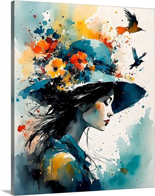 Women’s Ladies Hat Fashions With and Flower Birds Gallery Canvas Wrap Wall Art