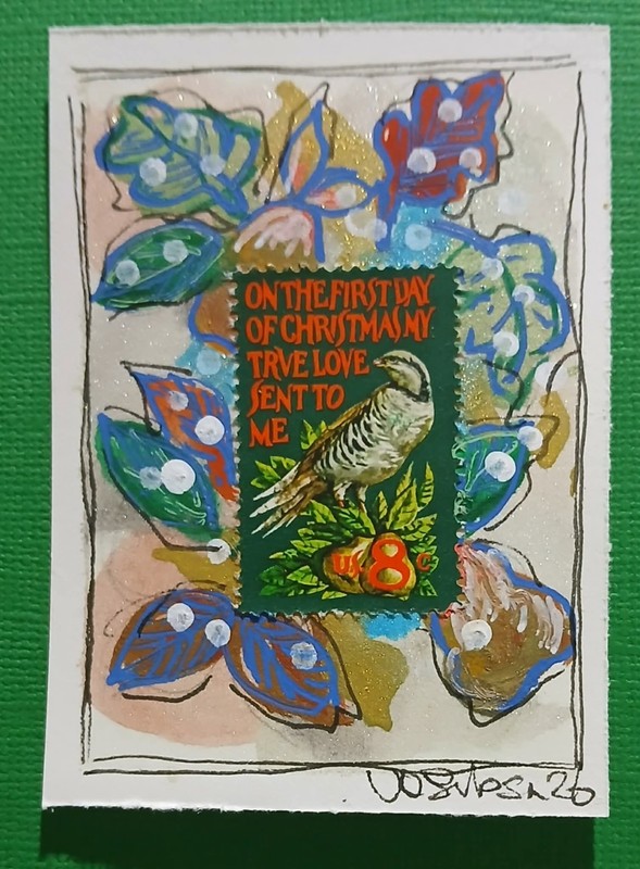 Postal Whimsy™ — Twelve Days Christmas Stamp — Card #3— OOAK Stamp‑Integrated