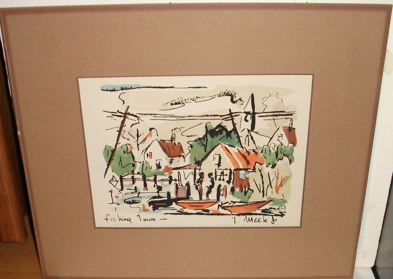T.MEEK «FISHING TOWN» AMERICAN VIEW WATERCOLOR PAINTING