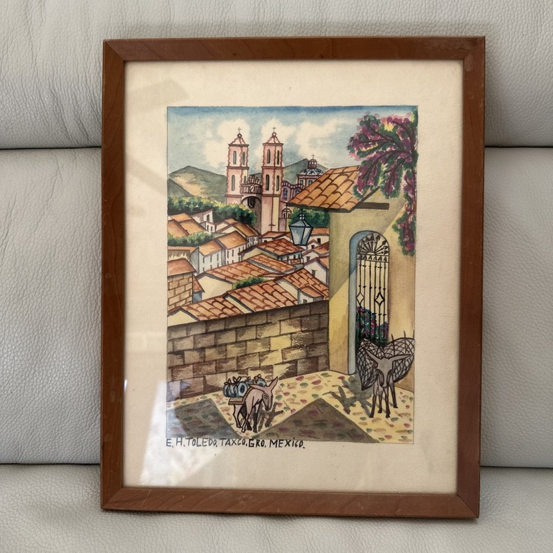 E H Toledo Original Signed Watercolor Framed Painting Taxco Mexico Village Scene