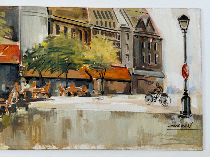 C. RAVEL SIGNED ORIGINAL PAINTING PARIS FRANCE SIDEWALK CAFE BICYCLE CITISCAPE gallery