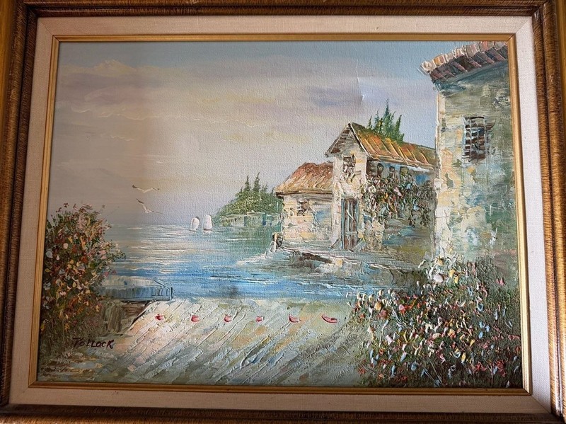 Vintage Pollock Oil Painting of European Coastal Village in Gilt Frame OBO