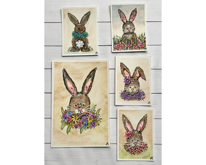 Spring Bunny With Flowers Painting, Small Art, 4x6”, Heartfelt_by_robin, Rabbit gallery