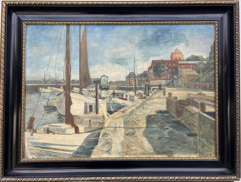 Oil Painting Impressionist Boats In The City Harbor Quay Houses Denmark