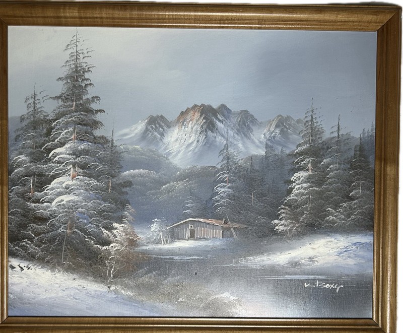 Original K.Boxy 22″x 18″ Framed Signed Oil Painting Snow Landscape Vintage Art