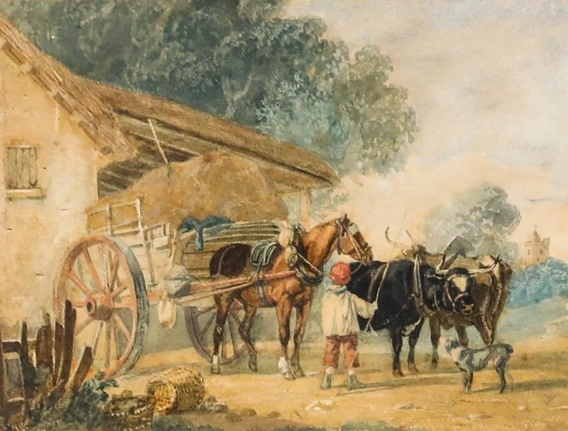 Framed Mid 19th Century Watercolour - The Haywagon & Working Oxen gallery