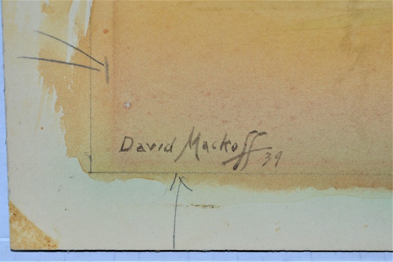 DAVID MACKOFF ANTIQUE WATERCOLOR ON CARDBOARD SIGNED DATED 1939 RIVER LANDSCAPE gallery