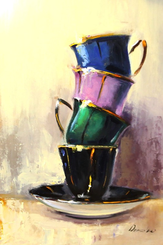VINTAGE MULTICOLORED cups Oil Painting 8x12in UKRANE