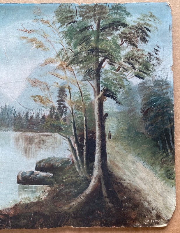 Antique Landscape Painting on 14”x19” Board Signed “V. A. Hilt” - Defects gallery