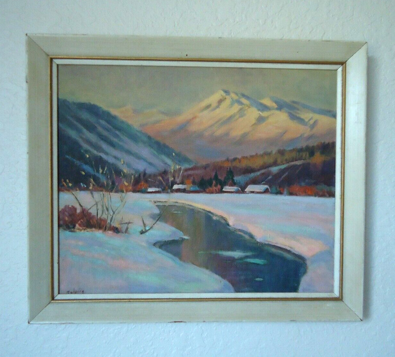 American 20th Century Winter Mountain Town Landscape Or. Oil Painting by Salvien