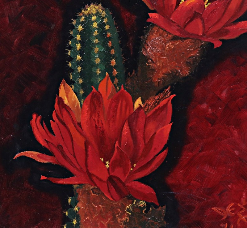 Levenberg Blooming Cactus Oil On Wood Signed Original Painting, Framed gallery