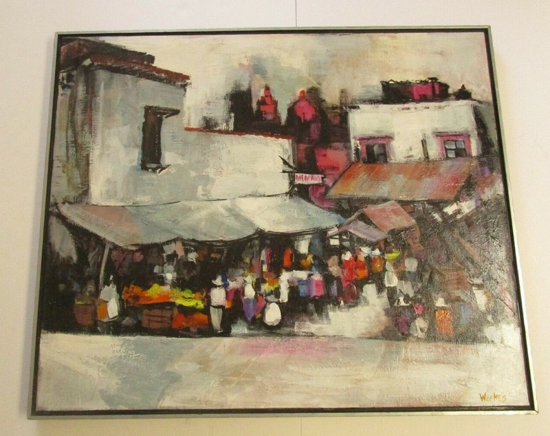 WEEKES SIGNED REGIONALISM PAINTING MARKET VILLAGE URBAN MODERNISM EXPRESSIONISM