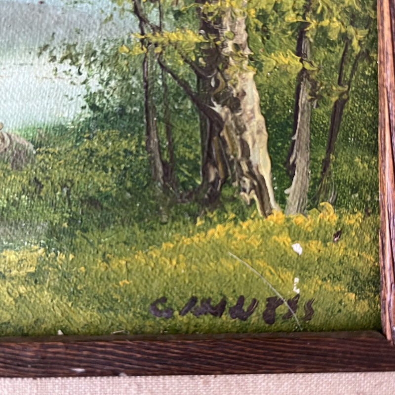 Vtg Oil Painting on Canvas Signed By Artist, Wood Frame Landscape Lake 18”x16” gallery