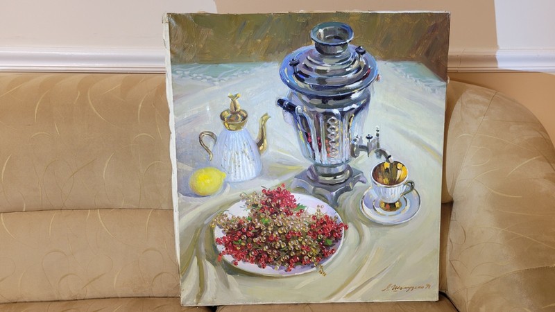 Leonid Sheludko Oil Painting 1994 Still Life Samovar Red Currants 65x60cm