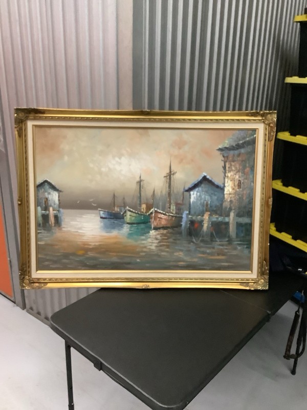 Florence Wilkins Original Oil Painting On Canvas Boat Harbor W42 H30in Framed gallery