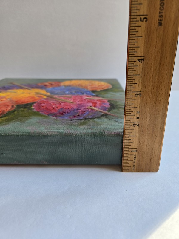 Knitting Painting Ell Barber Signed 10" Square Wrap Canvas Acrylic Colorful Art gallery