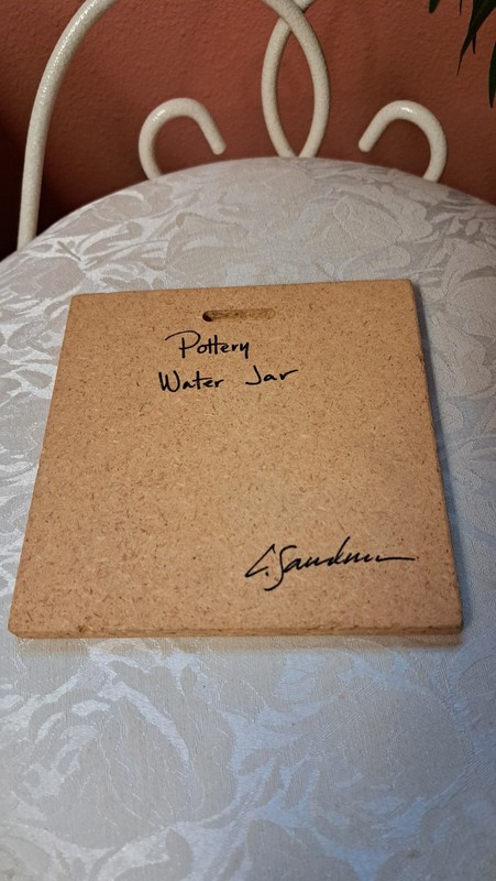 Artist Signed Sand Art Painting "Pottery Water Jar" L. Sandman 6x6 W/ Stand gallery