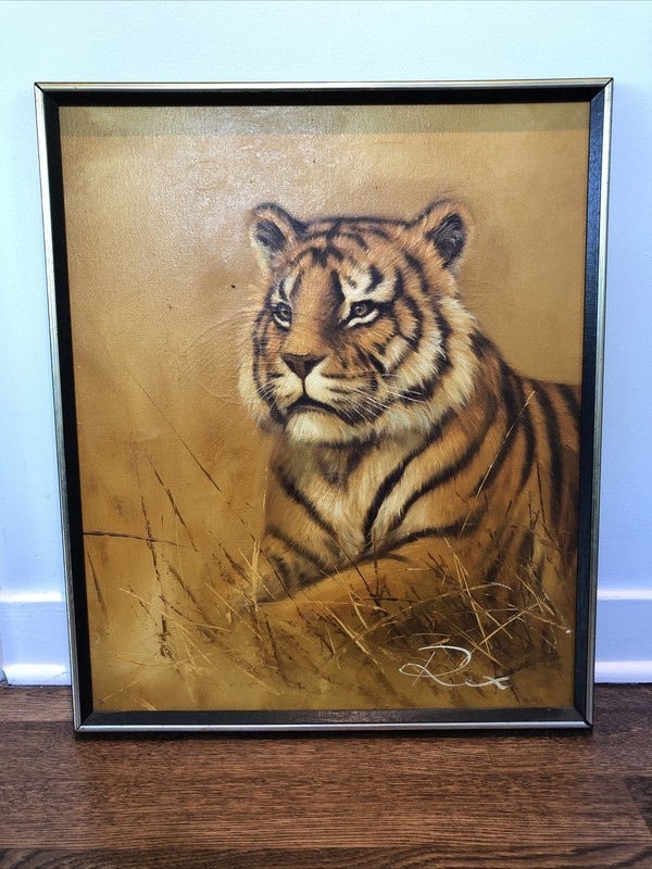 Vintage Large Tiger Painting Frame Signed REX 21 by 26 inches