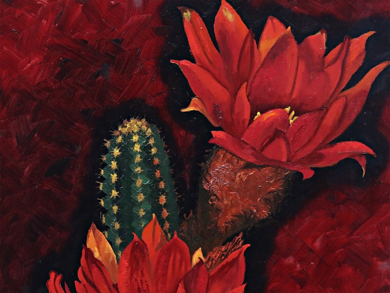 Levenberg Blooming Cactus Oil On Wood Signed Original Painting, Framed gallery