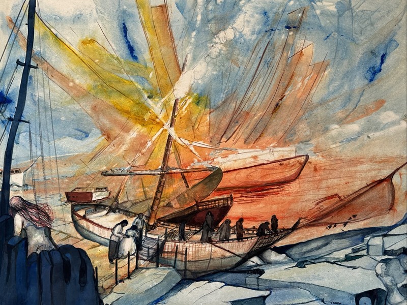 JOSEPH FERRARA PAINTING COASTAL BEACH FISHERMAN BOAT LANDSCAPE MODERNISM LISTED