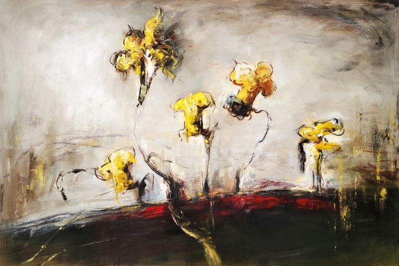 Yellow Flower Abstract – #5G01, 24×36 -100% Hand painted Oil Painting on Canvas