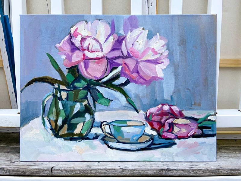 Original art oil painting Peony flower artwork floral still life 18x24" gallery