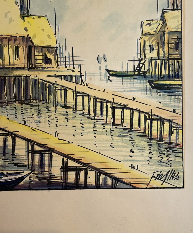Vintage Original Signed Pen & Ink Watercolor Painting Village On Waterway Dock gallery