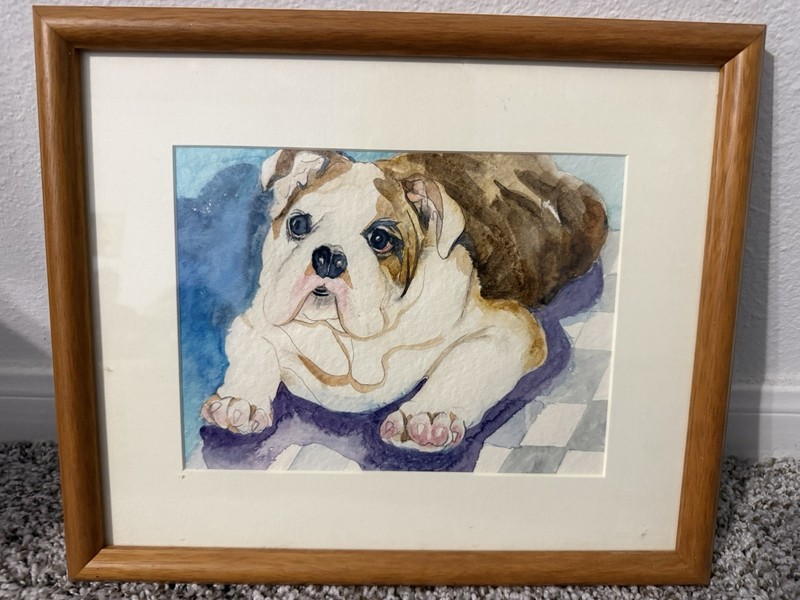 Original Watercolor Painting English Bulldog Puppy Dog Framed Fine Art Unsigned