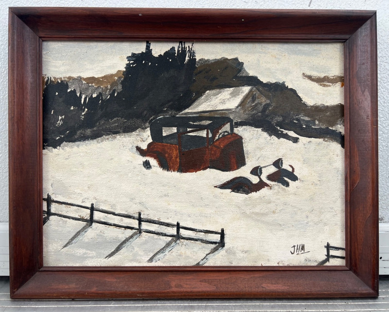 Original Ashcan Art Painting Tired Old Car Ford Model T on Wood Panel Meyer 1978