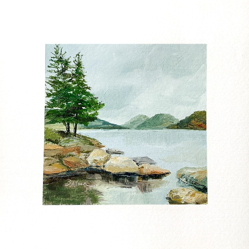8×8 Maine Original Oil Painting Acadia Jordan Pond Landscape Bubbles Art Signed