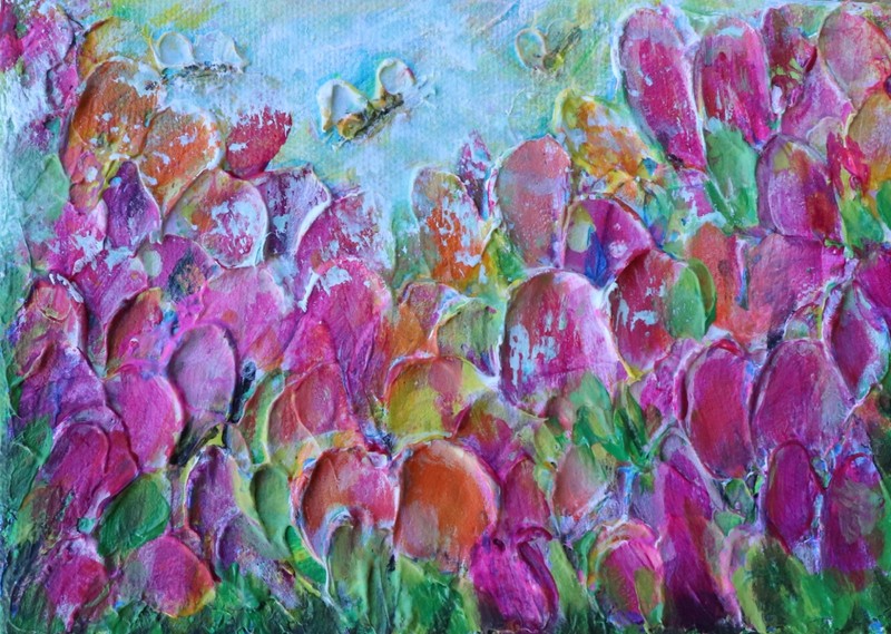 Blush Tulip Garden 7×5 Original Impressionist Oil Painting, Pink Flowers