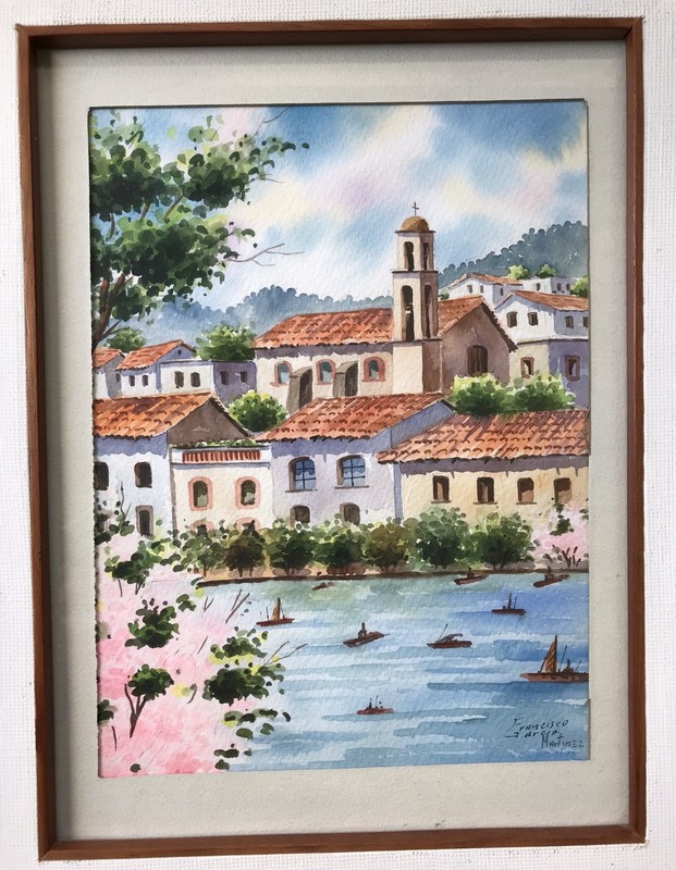 Original Watercolor Mexico Signed Francisco Garcia MARTINEZ 26x 22 Wood Frame