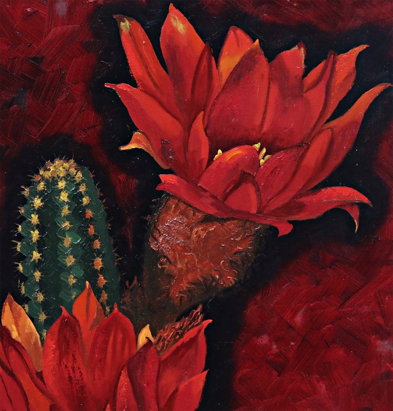 Levenberg Blooming Cactus Oil On Wood Signed Original Painting, Framed gallery