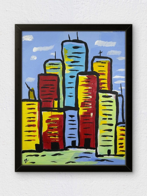 New York City Skyline Cubist Abstract STerling Original Canvas Art 11×14