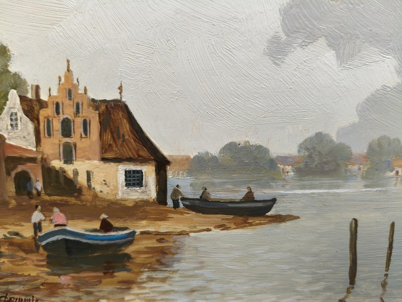 Erich Demmin Oil Painting, Signed, Dutch Waterfront Landscape, 1911–1997 gallery