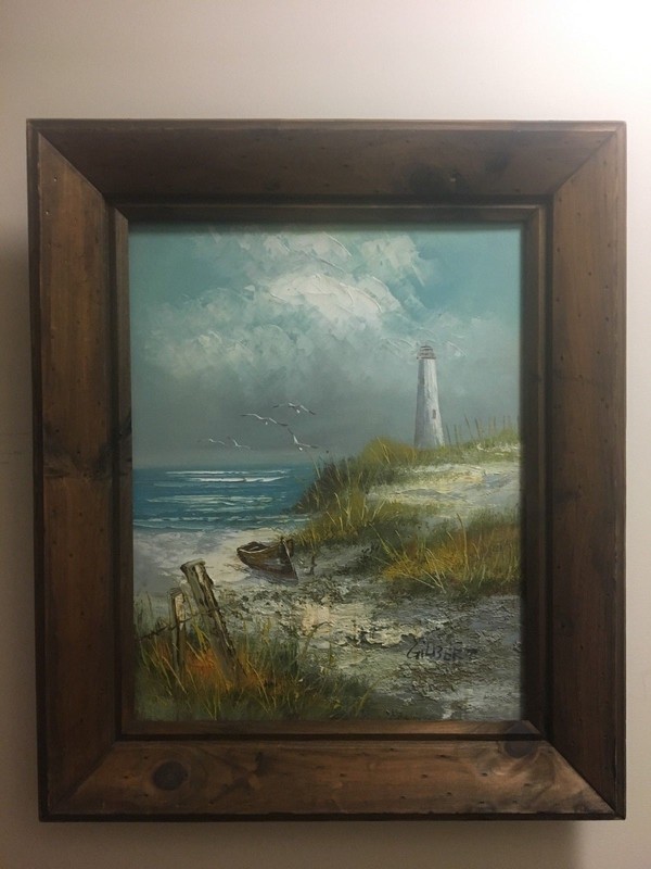 Vintage Framed Original Oil Painting on Canvas Lighthouse Ocean Sea by Gilbert