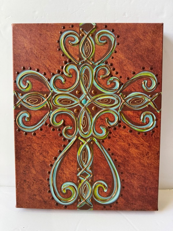 Canvas Painting Acrylic Art Cross Aqua / Copper / Gold – 11 x 14 x 1-1-3/4″