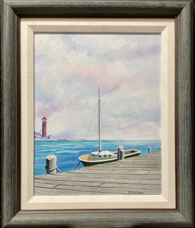 Jon Donovan «Dockside» Hand Signed Original Oil Sailing Lighthouse NEW
