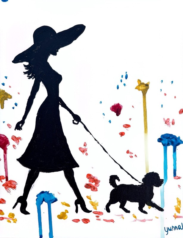 Original Modern Silhouette Woman Walking Dog Acrylic Painting on Canvas