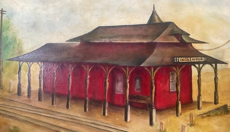 INGLEWOOD CA , OLD TRAIN STATION original painting Signed “LA” W. Johnson. gallery