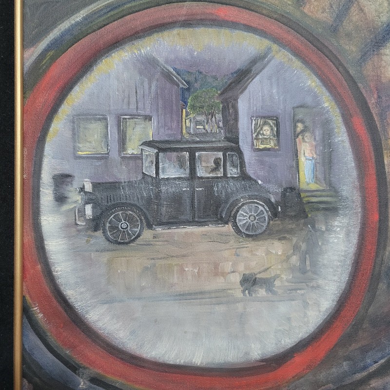 Vintage 60s Folk Art Painting Hubcap Reflection Migrant Worker Camp Framed 27x31 gallery