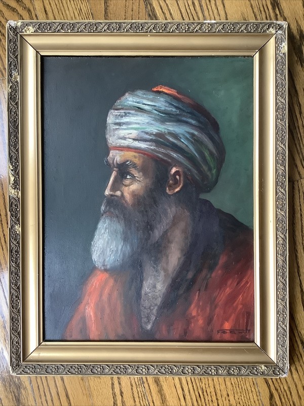 Vintage Signed Oil Painting Middleastern Arab Man in a Turban Beard Portrait