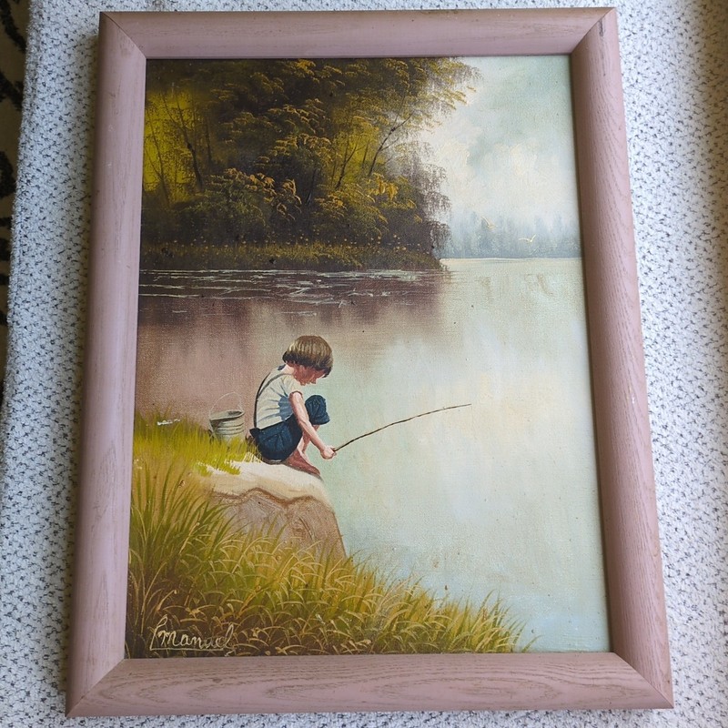 Original Oil “Still Waters, Young Dreams” C Manuel- Boy Fishing 12×16 Framed